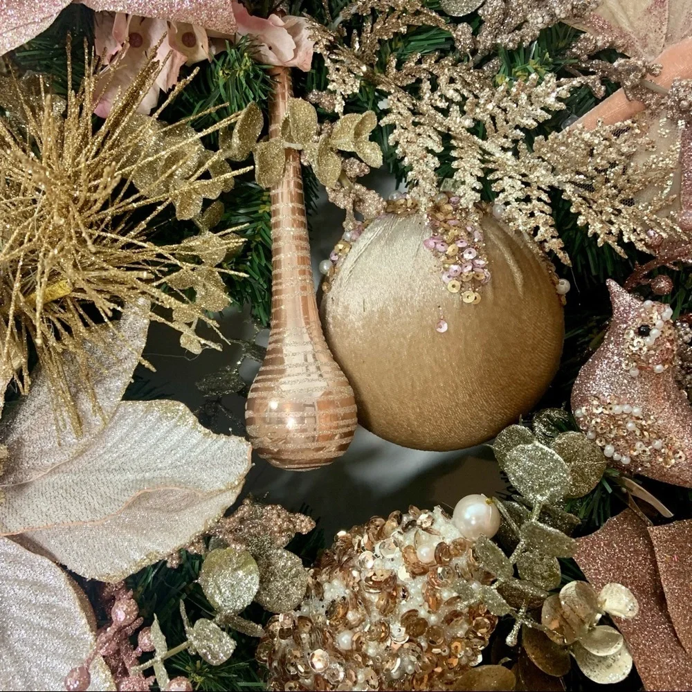 Rose Gold Blush Christmas Poinsettias Door Wall Wreath Romantic Victorian Wreath